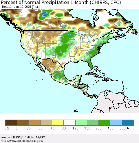 North America Percent of Normal Precipitation 1-Month (CHIRPS) Thematic Map For 12/11/2023 - 1/10/2024