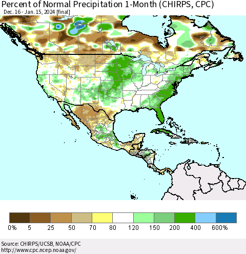 North America Percent of Normal Precipitation 1-Month (CHIRPS) Thematic Map For 12/16/2023 - 1/15/2024