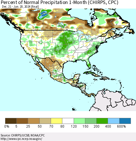 North America Percent of Normal Precipitation 1-Month (CHIRPS) Thematic Map For 12/21/2023 - 1/20/2024