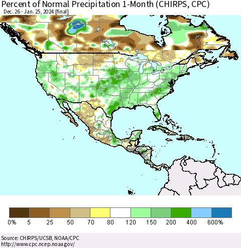 North America Percent of Normal Precipitation 1-Month (CHIRPS) Thematic Map For 12/26/2023 - 1/25/2024