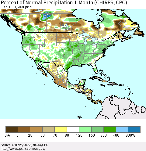 North America Percent of Normal Precipitation 1-Month (CHIRPS) Thematic Map For 1/1/2024 - 1/31/2024