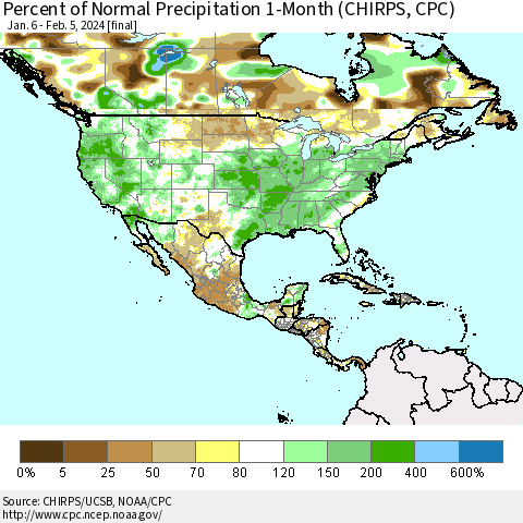 North America Percent of Normal Precipitation 1-Month (CHIRPS) Thematic Map For 1/6/2024 - 2/5/2024