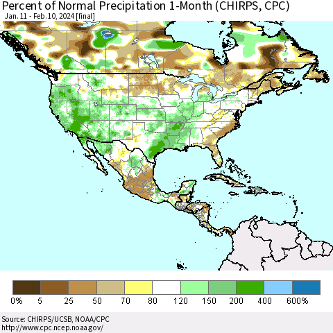 North America Percent of Normal Precipitation 1-Month (CHIRPS) Thematic Map For 1/11/2024 - 2/10/2024