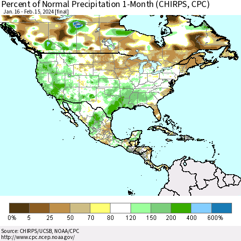 North America Percent of Normal Precipitation 1-Month (CHIRPS) Thematic Map For 1/16/2024 - 2/15/2024