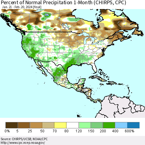 North America Percent of Normal Precipitation 1-Month (CHIRPS) Thematic Map For 1/21/2024 - 2/20/2024