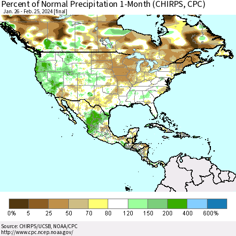 North America Percent of Normal Precipitation 1-Month (CHIRPS) Thematic Map For 1/26/2024 - 2/25/2024