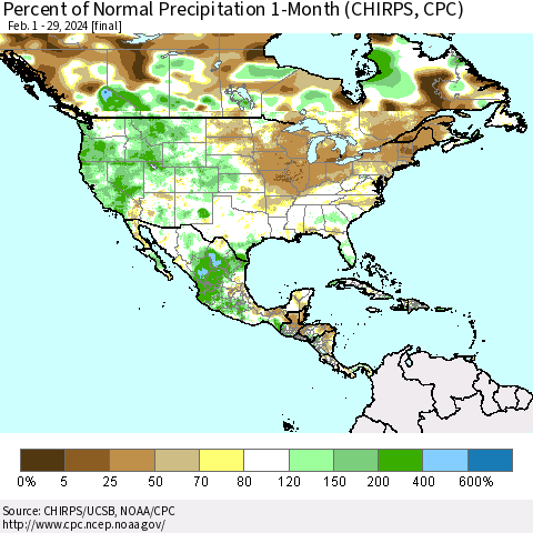 North America Percent of Normal Precipitation 1-Month (CHIRPS) Thematic Map For 2/1/2024 - 2/29/2024