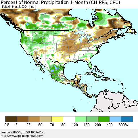 North America Percent of Normal Precipitation 1-Month (CHIRPS) Thematic Map For 2/6/2024 - 3/5/2024
