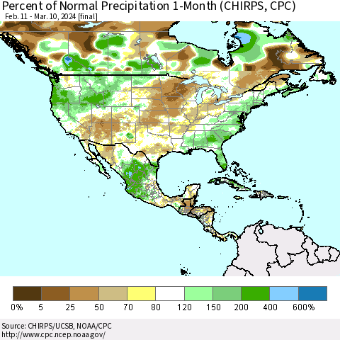North America Percent of Normal Precipitation 1-Month (CHIRPS) Thematic Map For 2/11/2024 - 3/10/2024