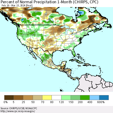 North America Percent of Normal Precipitation 1-Month (CHIRPS) Thematic Map For 2/16/2024 - 3/15/2024