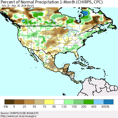 North America Percent of Normal Precipitation 1-Month (CHIRPS) Thematic Map For 2/21/2024 - 3/20/2024