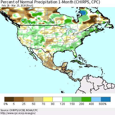North America Percent of Normal Precipitation 1-Month (CHIRPS) Thematic Map For 2/26/2024 - 3/25/2024