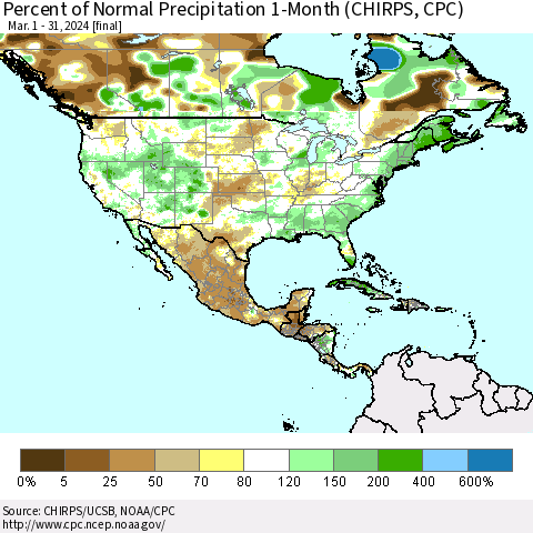 North America Percent of Normal Precipitation 1-Month (CHIRPS) Thematic Map For 3/1/2024 - 3/31/2024