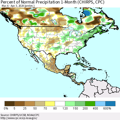 North America Percent of Normal Precipitation 1-Month (CHIRPS) Thematic Map For 3/6/2024 - 4/5/2024