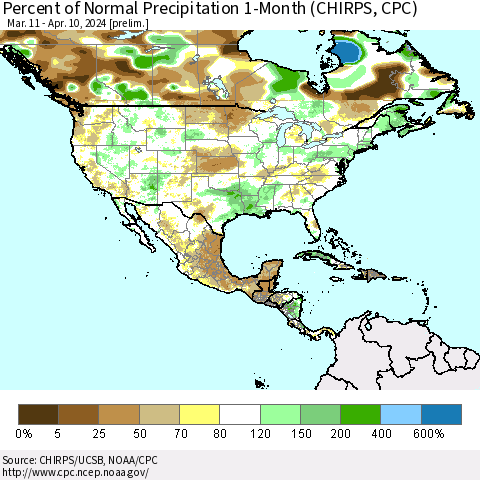 North America Percent of Normal Precipitation 1-Month (CHIRPS) Thematic Map For 3/11/2024 - 4/10/2024