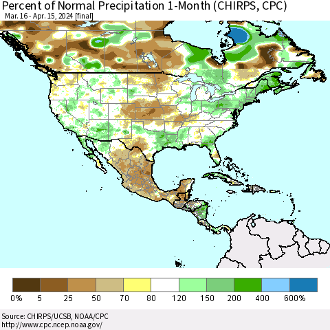 North America Percent of Normal Precipitation 1-Month (CHIRPS) Thematic Map For 3/16/2024 - 4/15/2024
