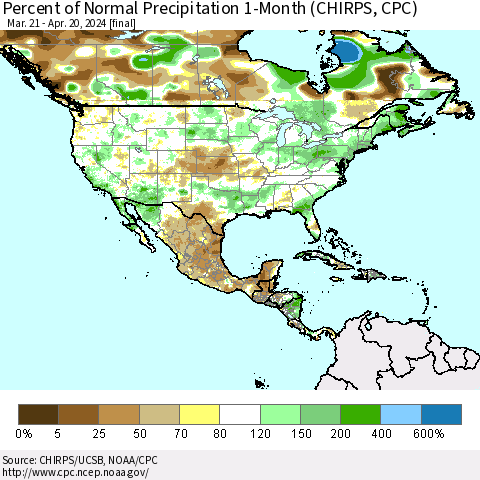 North America Percent of Normal Precipitation 1-Month (CHIRPS) Thematic Map For 3/21/2024 - 4/20/2024