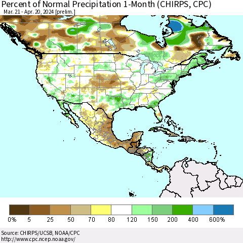 North America Percent of Normal Precipitation 1-Month (CHIRPS) Thematic Map For 3/21/2024 - 4/20/2024