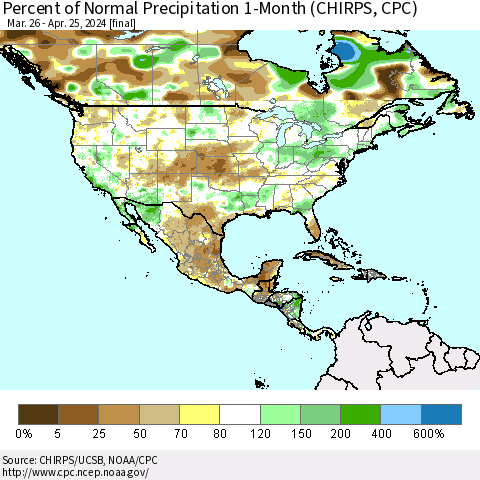 North America Percent of Normal Precipitation 1-Month (CHIRPS) Thematic Map For 3/26/2024 - 4/25/2024