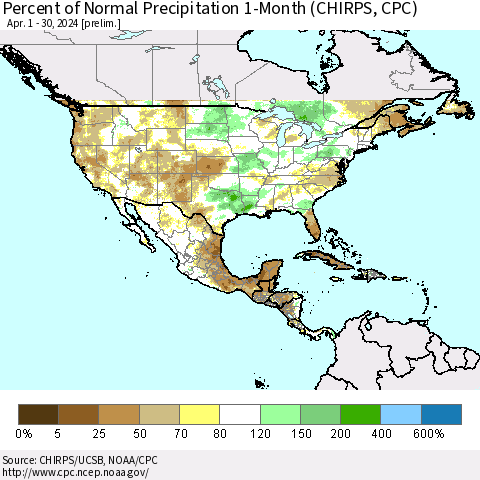 North America Percent of Normal Precipitation 1-Month (CHIRPS) Thematic Map For 4/1/2024 - 4/30/2024