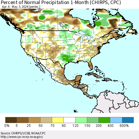 North America Percent of Normal Precipitation 1-Month (CHIRPS) Thematic Map For 4/6/2024 - 5/5/2024
