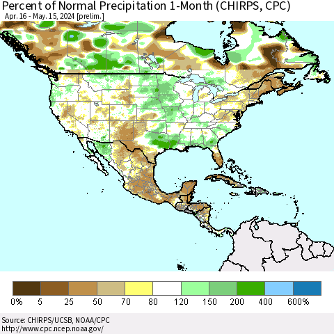 North America Percent of Normal Precipitation 1-Month (CHIRPS) Thematic Map For 4/16/2024 - 5/15/2024