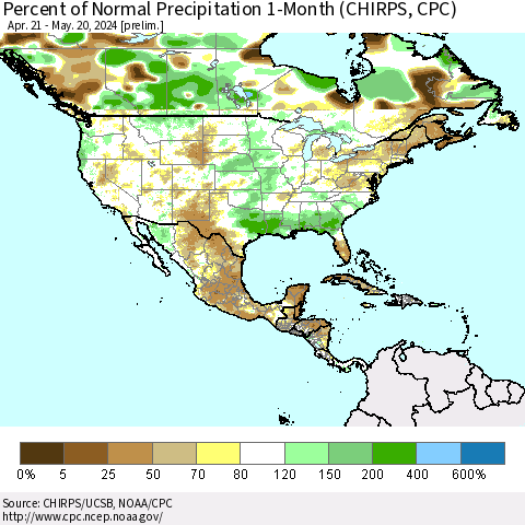 North America Percent of Normal Precipitation 1-Month (CHIRPS) Thematic Map For 4/21/2024 - 5/20/2024