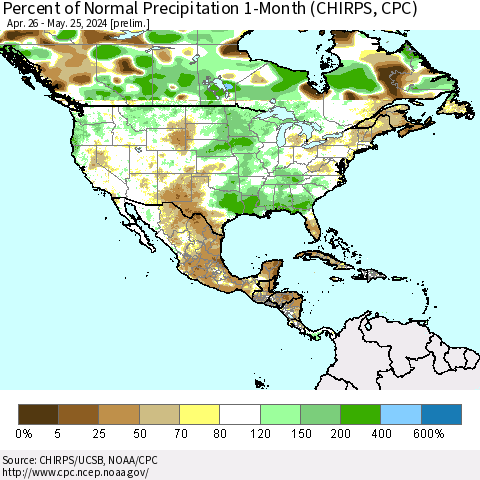 North America Percent of Normal Precipitation 1-Month (CHIRPS) Thematic Map For 4/26/2024 - 5/25/2024