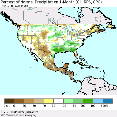 North America Percent of Normal Precipitation 1-Month (CHIRPS) Thematic Map For 5/1/2024 - 5/31/2024