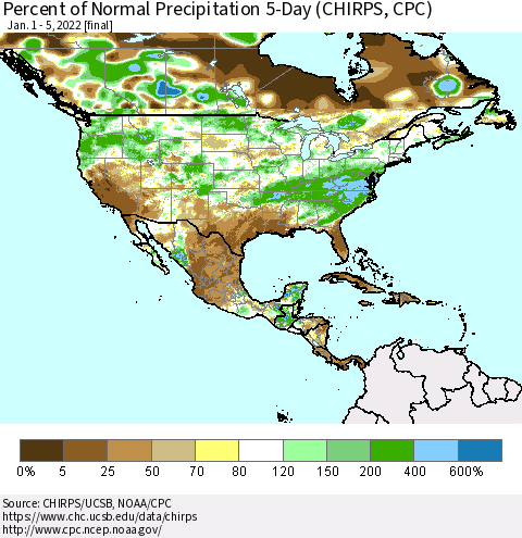 North America Percent of Normal Precipitation 5-Day (CHIRPS) Thematic Map For 1/1/2022 - 1/5/2022