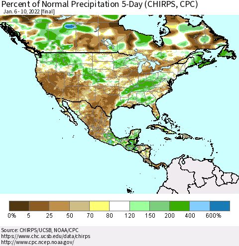 North America Percent of Normal Precipitation 5-Day (CHIRPS) Thematic Map For 1/6/2022 - 1/10/2022