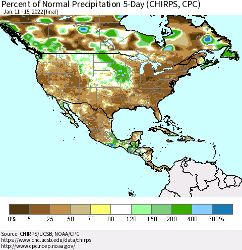 North America Percent of Normal Precipitation 5-Day (CHIRPS) Thematic Map For 1/11/2022 - 1/15/2022