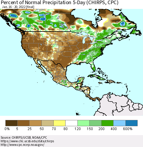North America Percent of Normal Precipitation 5-Day (CHIRPS) Thematic Map For 1/16/2022 - 1/20/2022