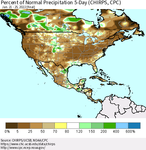 North America Percent of Normal Precipitation 5-Day (CHIRPS) Thematic Map For 1/21/2022 - 1/25/2022
