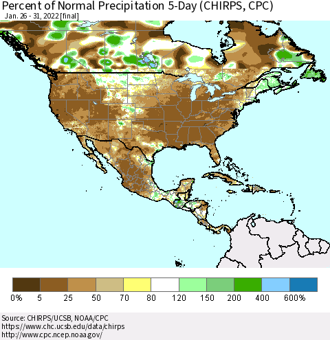 North America Percent of Normal Precipitation 5-Day (CHIRPS) Thematic Map For 1/26/2022 - 1/31/2022