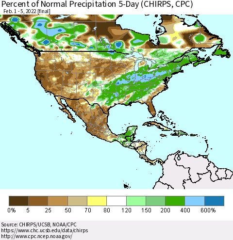 North America Percent of Normal Precipitation 5-Day (CHIRPS) Thematic Map For 2/1/2022 - 2/5/2022