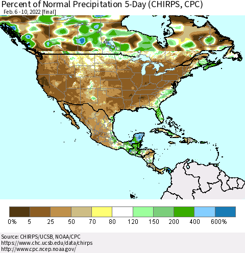 North America Percent of Normal Precipitation 5-Day (CHIRPS) Thematic Map For 2/6/2022 - 2/10/2022