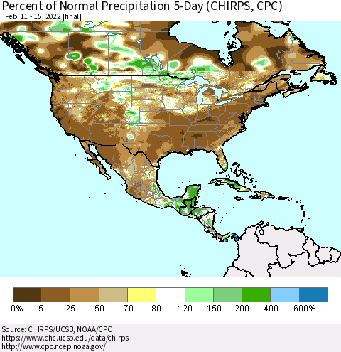 North America Percent of Normal Precipitation 5-Day (CHIRPS) Thematic Map For 2/11/2022 - 2/15/2022