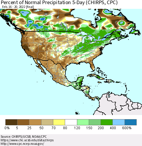 North America Percent of Normal Precipitation 5-Day (CHIRPS) Thematic Map For 2/16/2022 - 2/20/2022