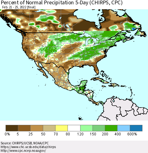 North America Percent of Normal Precipitation 5-Day (CHIRPS) Thematic Map For 2/21/2022 - 2/25/2022