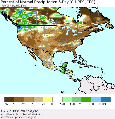 North America Percent of Normal Precipitation 5-Day (CHIRPS) Thematic Map For 2/26/2022 - 2/28/2022