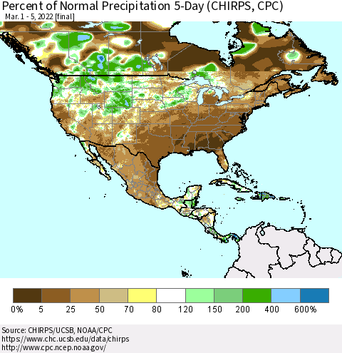 North America Percent of Normal Precipitation 5-Day (CHIRPS) Thematic Map For 3/1/2022 - 3/5/2022