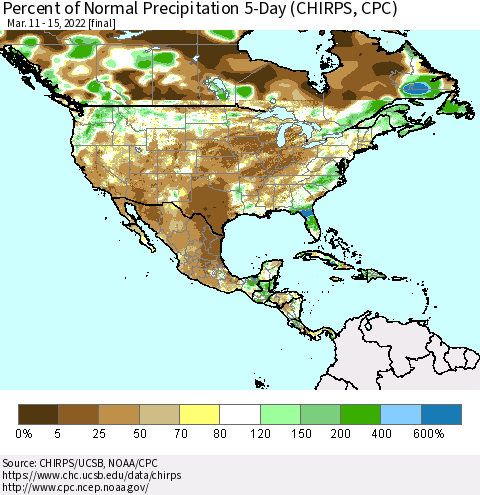 North America Percent of Normal Precipitation 5-Day (CHIRPS) Thematic Map For 3/11/2022 - 3/15/2022