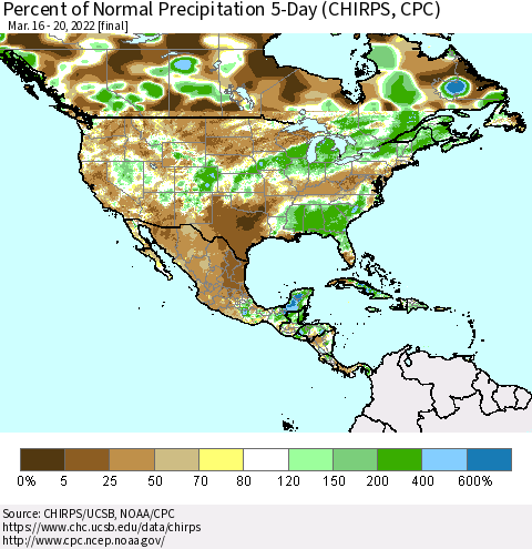 North America Percent of Normal Precipitation 5-Day (CHIRPS) Thematic Map For 3/16/2022 - 3/20/2022