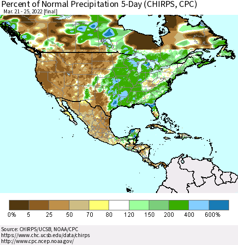 North America Percent of Normal Precipitation 5-Day (CHIRPS) Thematic Map For 3/21/2022 - 3/25/2022