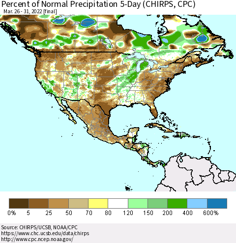North America Percent of Normal Precipitation 5-Day (CHIRPS) Thematic Map For 3/26/2022 - 3/31/2022