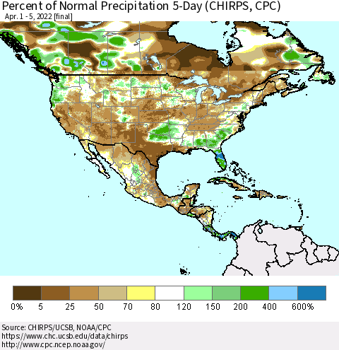 North America Percent of Normal Precipitation 5-Day (CHIRPS) Thematic Map For 4/1/2022 - 4/5/2022