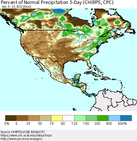 North America Percent of Normal Precipitation 5-Day (CHIRPS) Thematic Map For 4/6/2022 - 4/10/2022