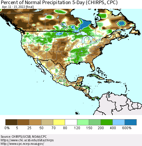 North America Percent of Normal Precipitation 5-Day (CHIRPS) Thematic Map For 4/11/2022 - 4/15/2022