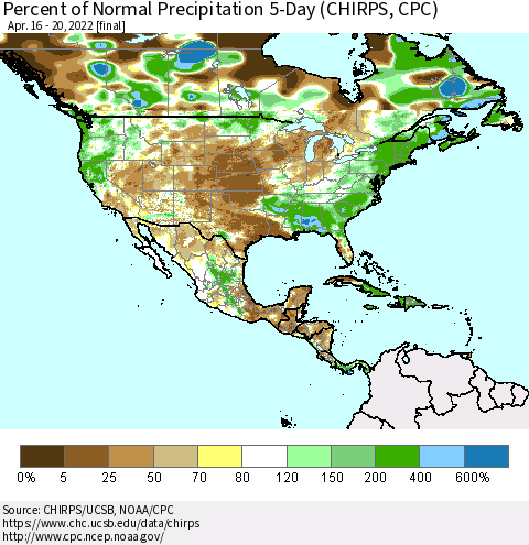 North America Percent of Normal Precipitation 5-Day (CHIRPS) Thematic Map For 4/16/2022 - 4/20/2022